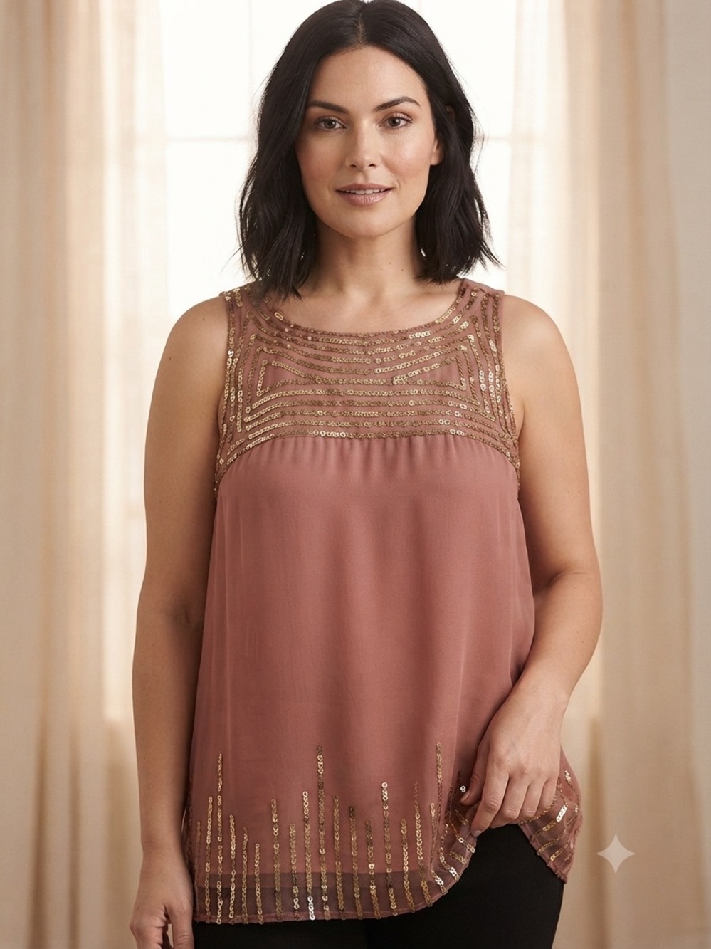 LOFT Rose Brown Sequin Yoke Sleeveless Camisole Blouse